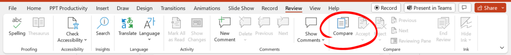 Screenshot of How to find the Compare feature for powerpoint track changes in the review tab on the ribbon