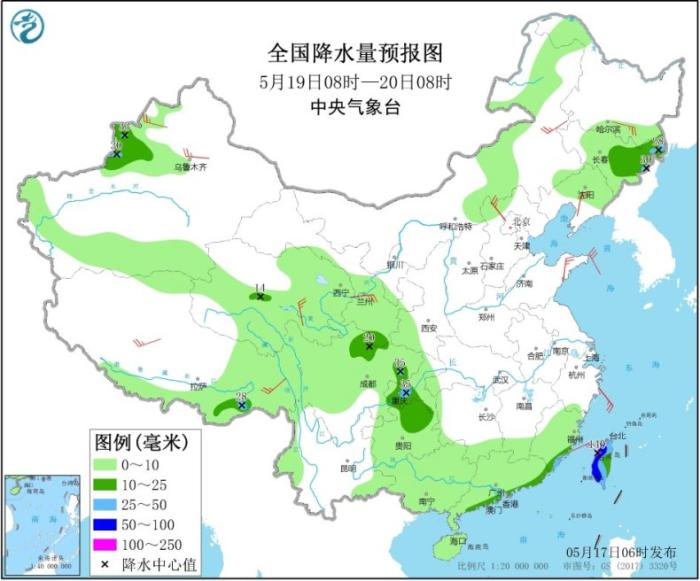 全国降水量预报图(5月19日08时-20日08时)