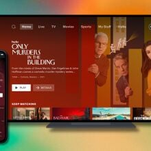 a tv with the hulu home screen on the right and a phone on the left with the details of a hulu show called the act against a green and orange gradient background