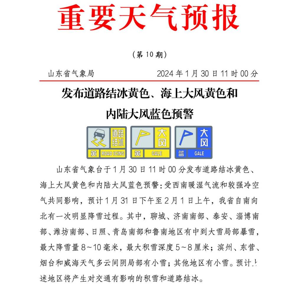 局部暴雪+8厘米积雪!山东发布道路结冰黄色、海上大风黄色、内陆大风蓝色预警