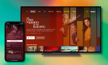 a tv with the hulu home screen on the right and a phone on the left with the details of a hulu show called the act against a green and orange gradient background