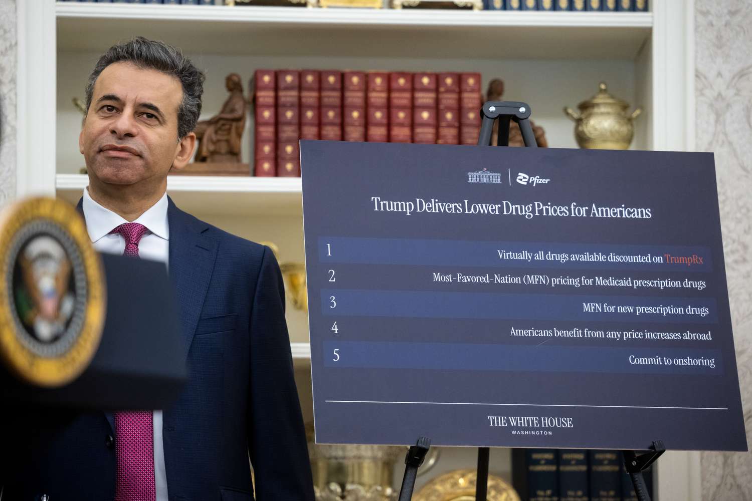 Martin Makary, commissioner of the Food and Drug Administration (FDA), in the Oval Office of the White House in Washington, DC, US, on Tuesday, Sept. 30, 2025. Pfizer will sell some drugs at a 50% average discount on a direct-to-consumer website called TrumpRx, an initiative intended to allow Americans to pay for prescriptions at discounted rates negotiated by the government.