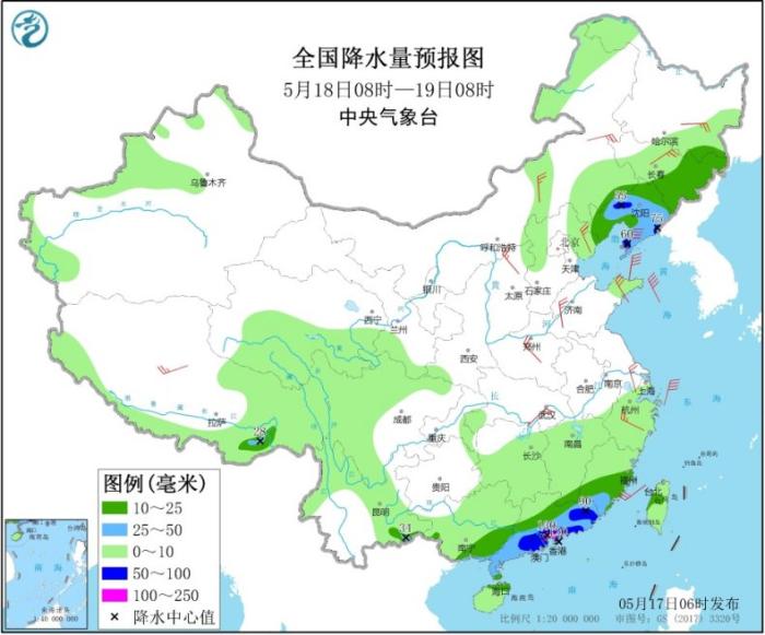 全国降水量预报图(5月18日08时-19日08时)