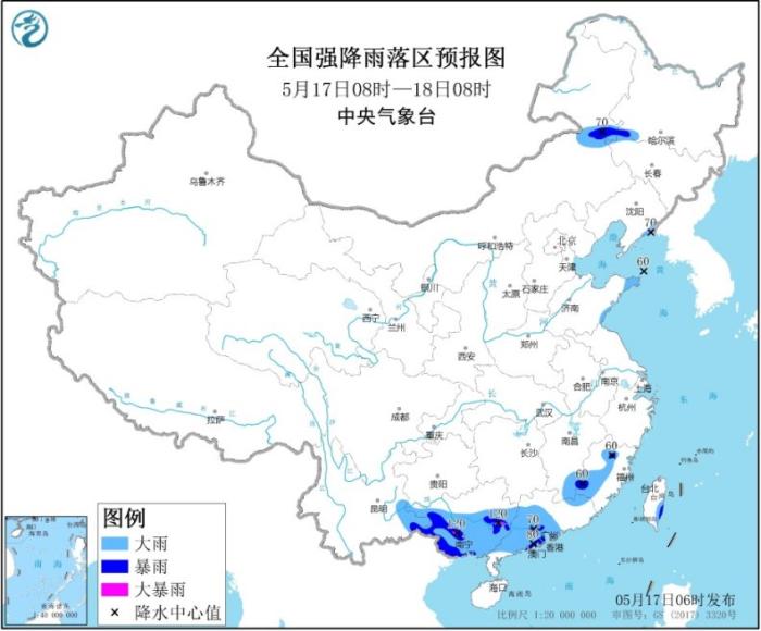 全国强降雨落区预报图(5月17日08时-18日08时)